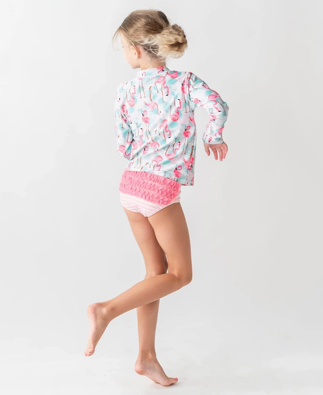 RuffleButts? Baby/Toddler Girls Long Sleeve Rash Guard 2 Piece Swimsuit Set w/UPF 50  Sun Protection with Zipper