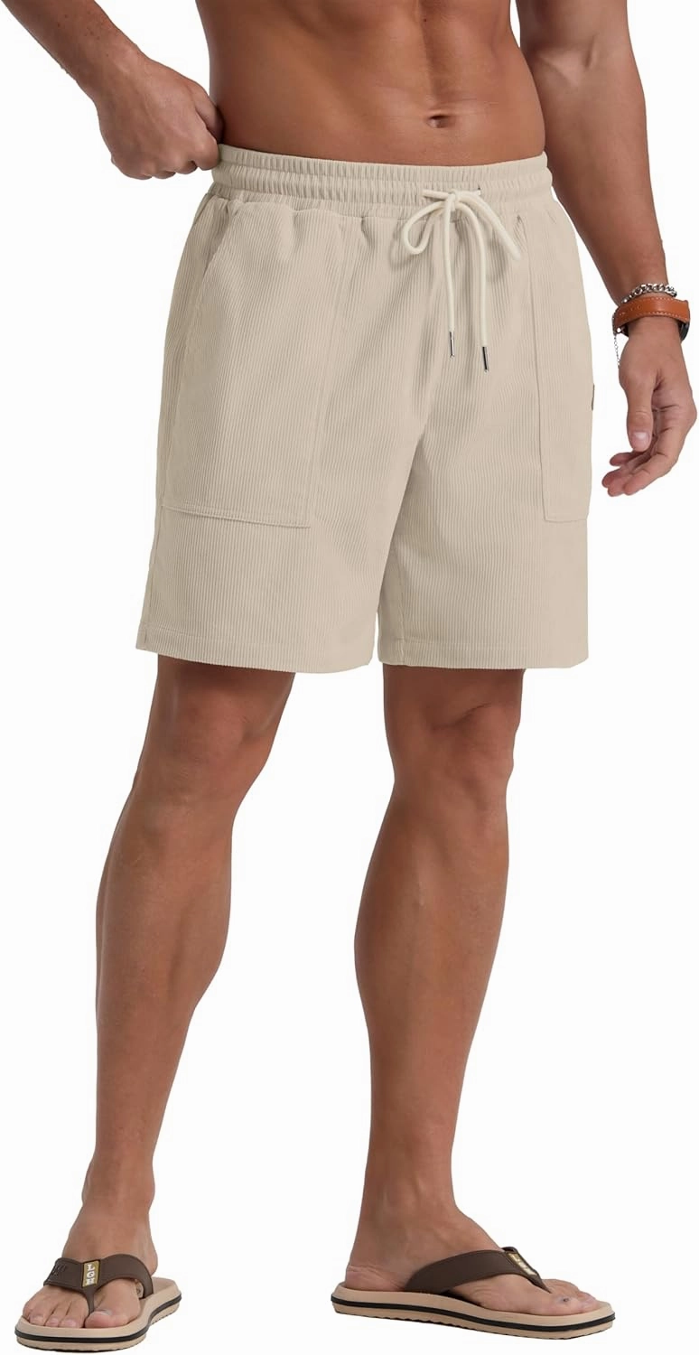 Sailwind Men's Casual Corduroy Shorts Lightweight Elastic Waist Drawstring Summer Beach Shorts