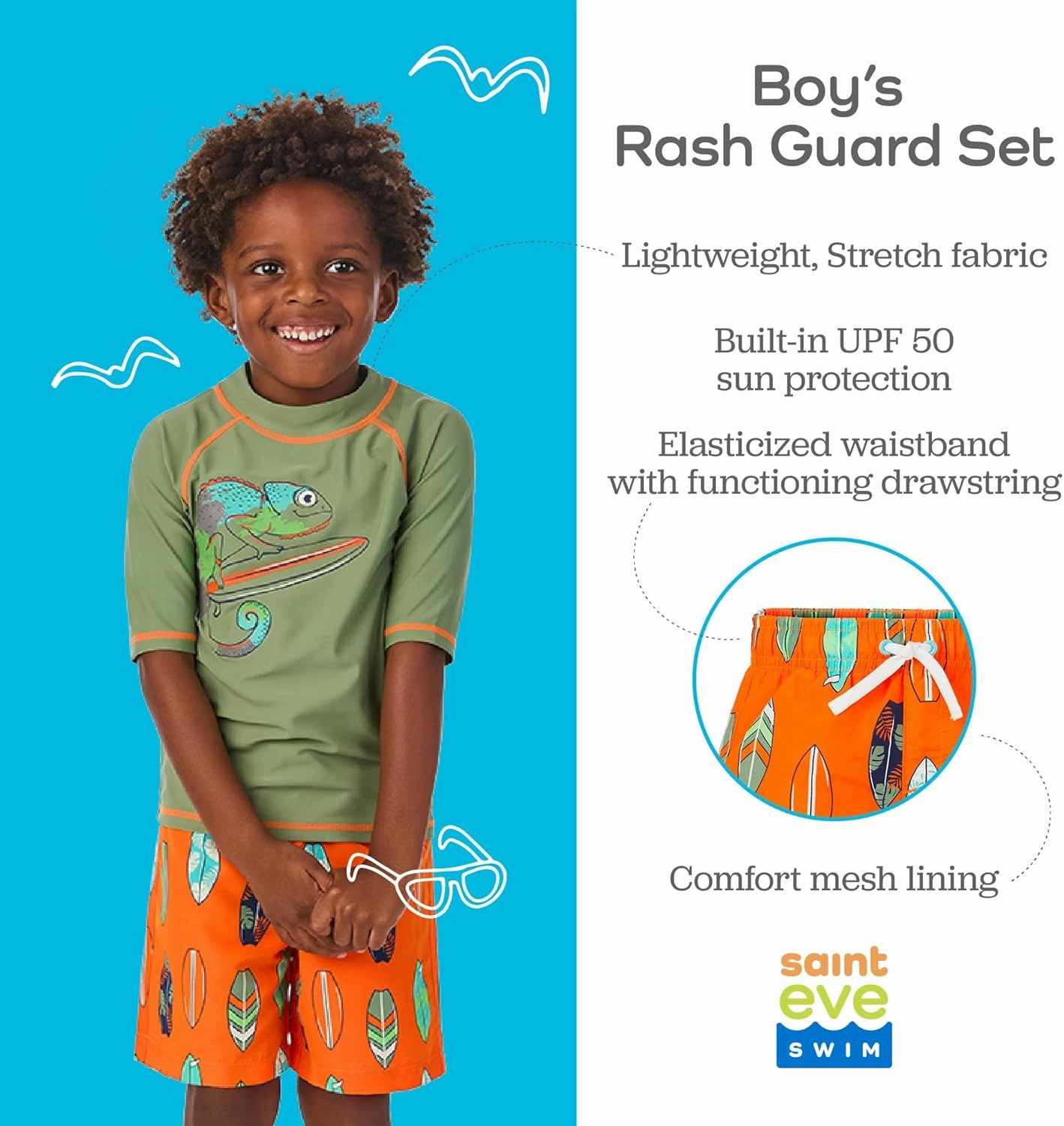 Saint Eve Toddler and Kids 2-Piece Swim Shirt and Trunks Swimsuit - Boys Rash Guard Bathing Suit with UPF 50  Sun Protection