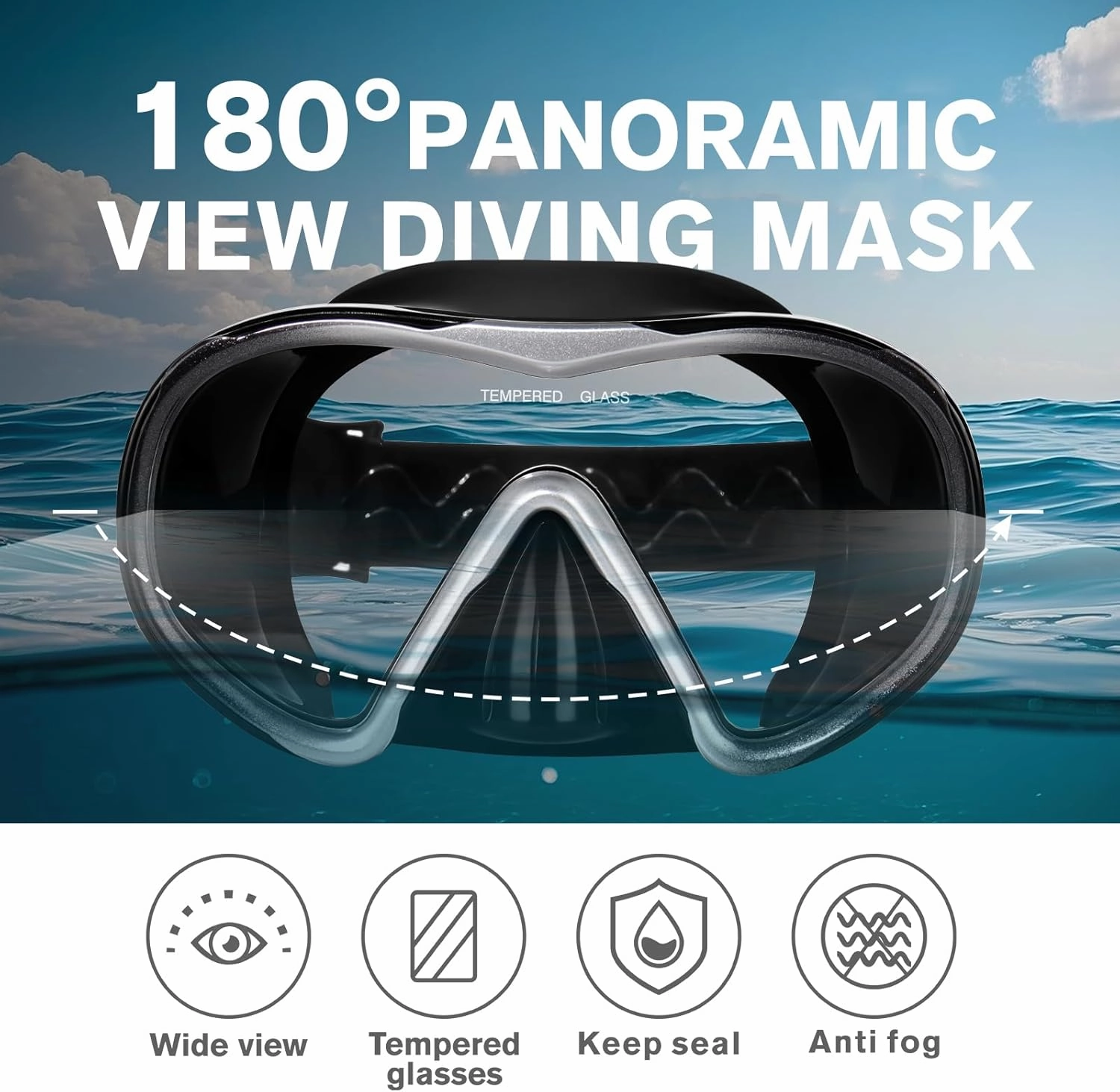 Scuba Diving Mask for Adults - Anti-Fog Swim Mask Wide View Swimming Goggles with Nose Cover Professional Snorkeling Goggles Gear Tempered Glass Lens with Fabric Strap for Men Women