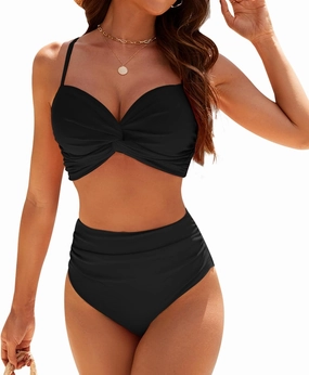 SEAFORM Women's Bikini Sets Two Piece Tummy Control Swimsuit High Waist V-Neck Beachwear Twist Front Straps Bathing Suits