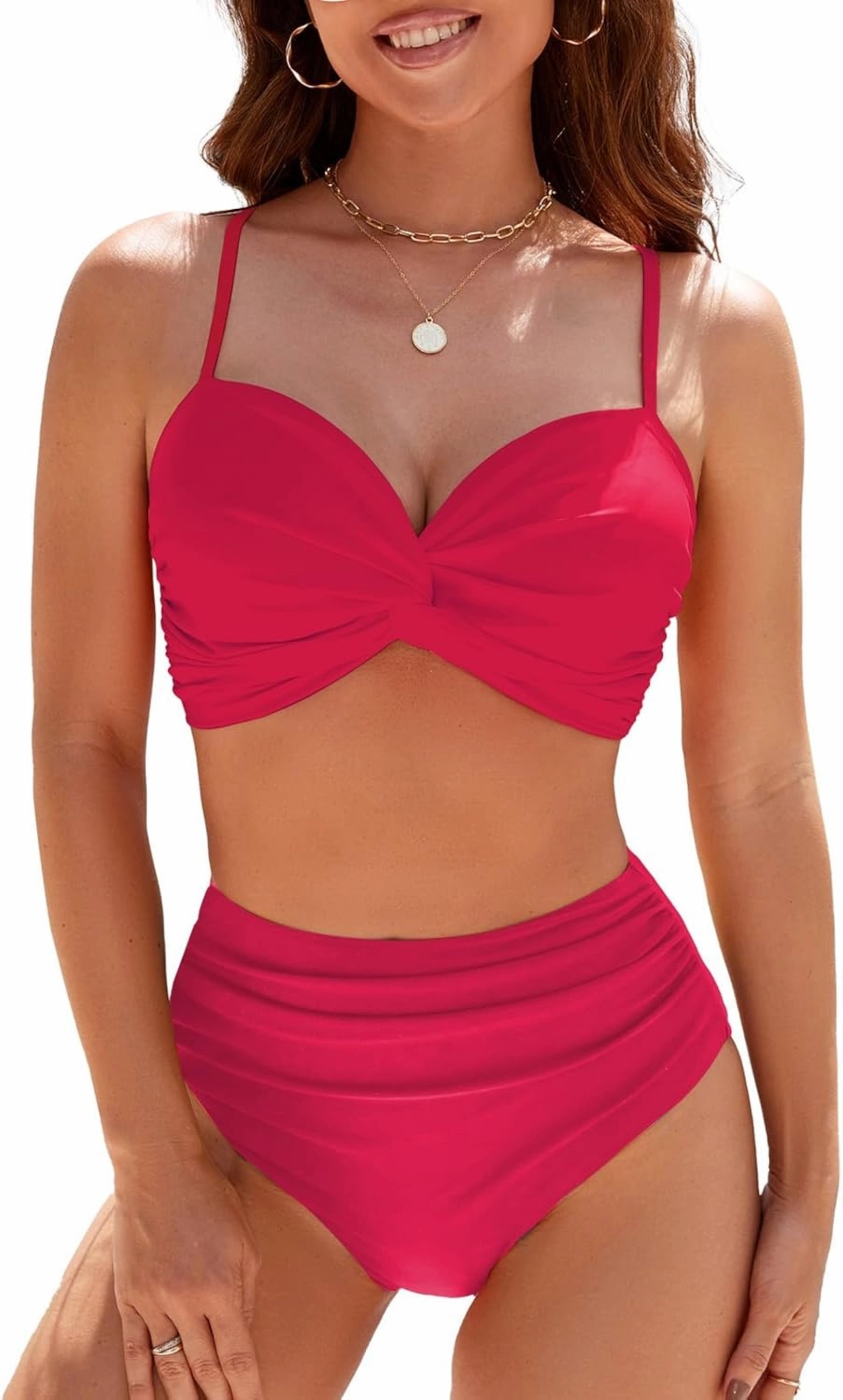 SEAFORM Women's Bikini Sets Two Piece Tummy Control Swimsuit High Waist V-Neck Beachwear Twist Front Straps Bathing Suits