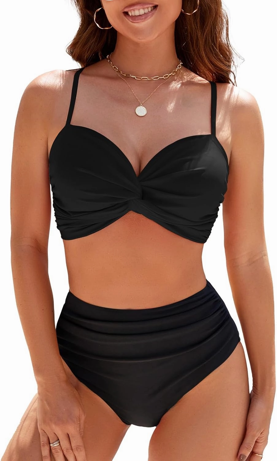 SEAFORM Women's Bikini Sets Two Piece Tummy Control Swimsuit High Waist V-Neck Beachwear Twist Front Straps Bathing Suits