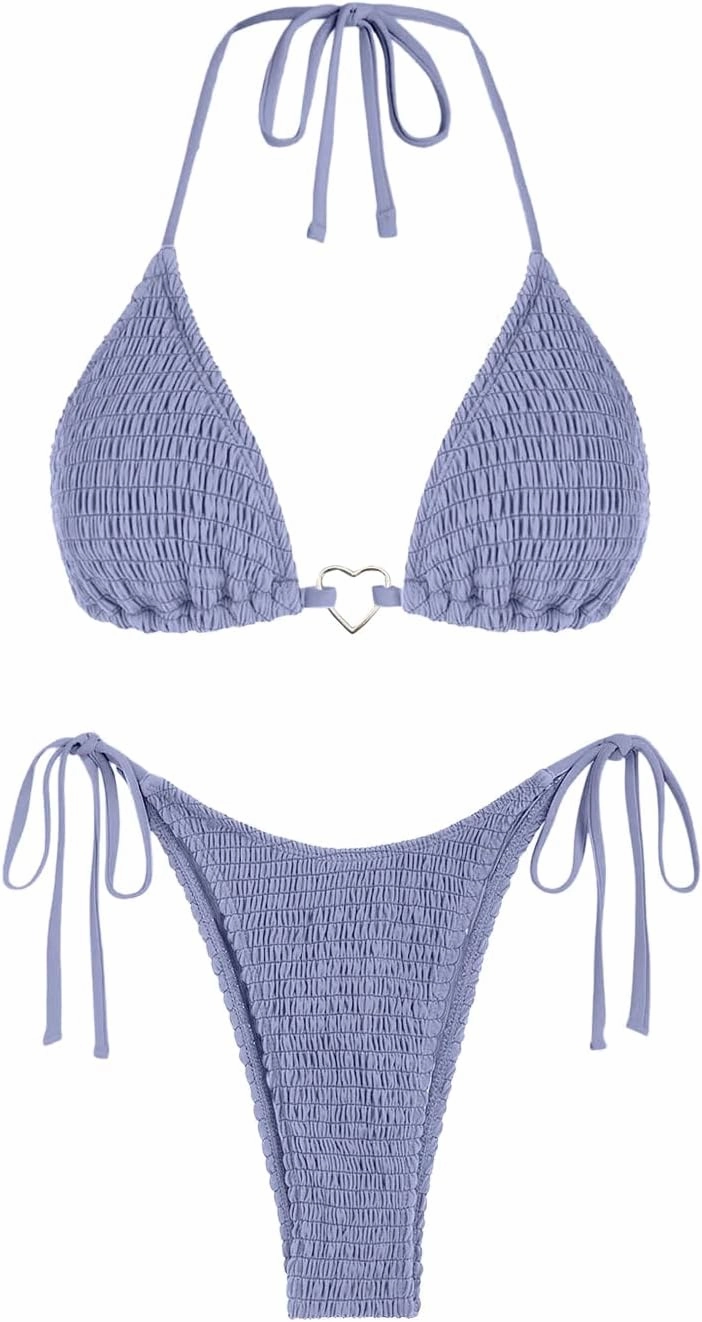 seamoly Women's Bikini Sets Smocked Two Piece Swimsuit Halter Sexy High Cut Triangle Bathing Suit Shell Ruffle Swimwear