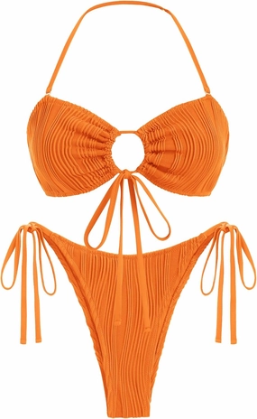 seamoly Women's Bikini Sets Smocked Two Piece Swimsuit Halter Sexy High Cut Triangle Bathing Suit Shell Ruffle Swimwear