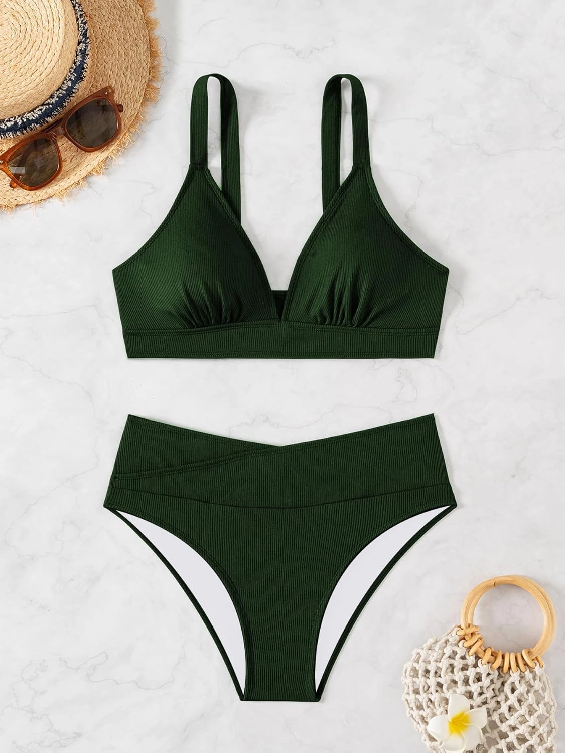 Sexy Ribbed Bikini Set Womens V-Cut Cheeky High Leg Tummy Control Longline Swimsuit 2 Piece