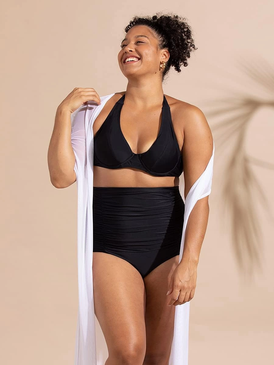 SHAPERMINT Women Ruched High Waisted Bikini Bottom Swimsuit, Tummy Control Full Coverage Swimwear, Small to Plus Size