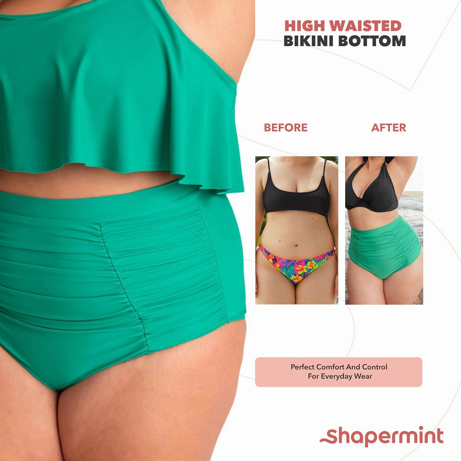 SHAPERMINT Women Ruched High Waisted Bikini Bottom Swimsuit, Tummy Control Full Coverage Swimwear, Small to Plus Size