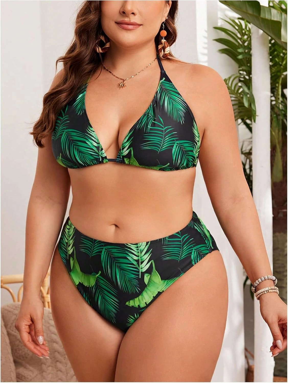 SHENHE Women's Plus Size 3 Piece Tropical Swimsuit Halter Triangle Boho Bikini Sets with Coverup