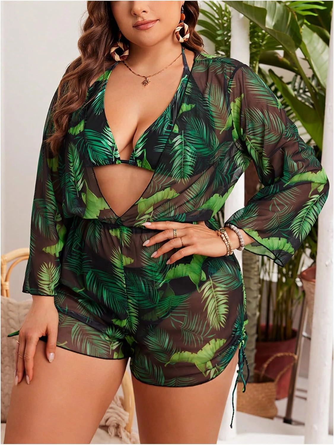 SHENHE Women's Plus Size 3 Piece Tropical Swimsuit Halter Triangle Boho Bikini Sets with Coverup