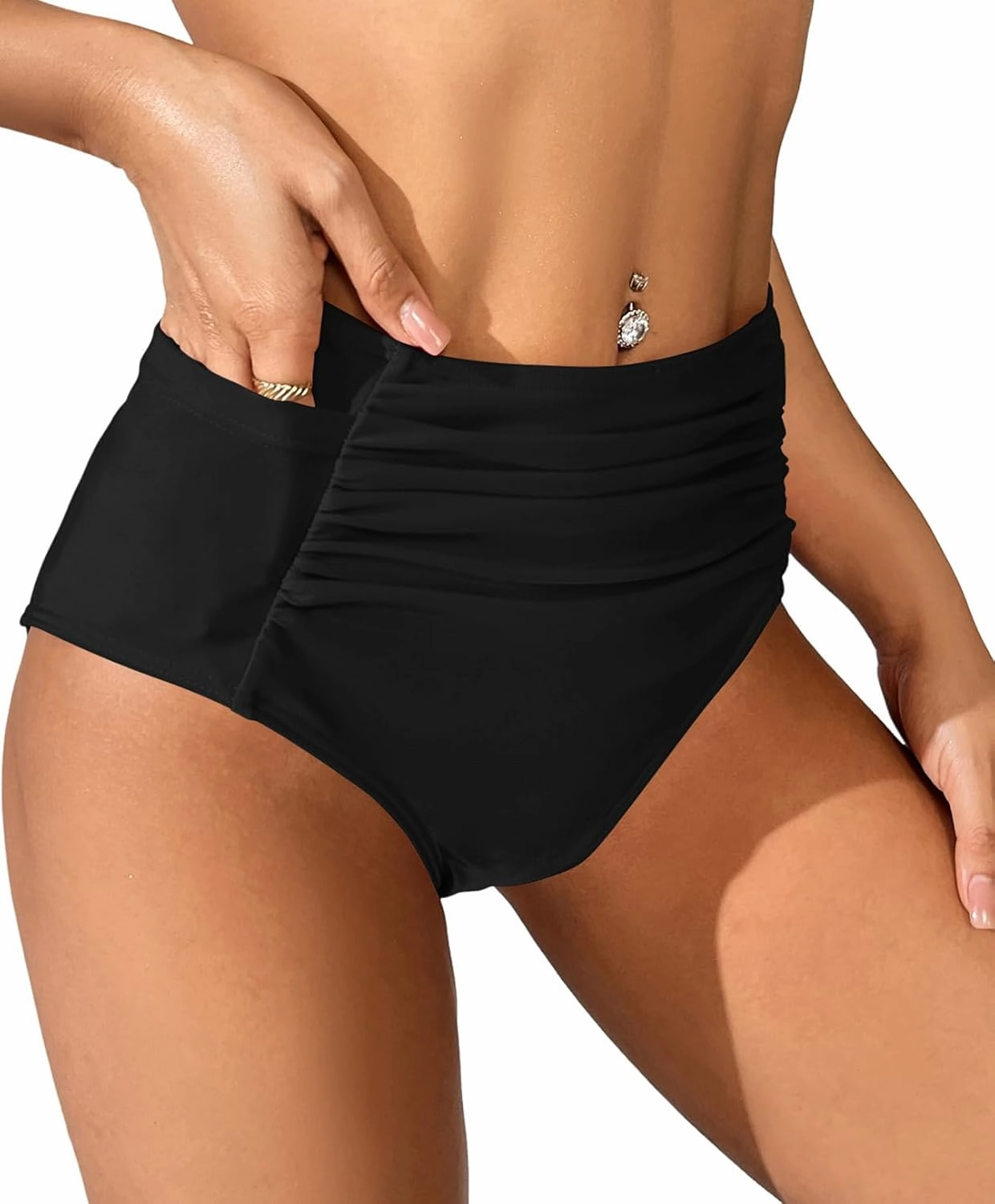 SherryDC Women's High Waisted Swimsuit Bottom Ruched Tummy Control Bikini Swim Bottom Tankini Briefs with Two Pockets