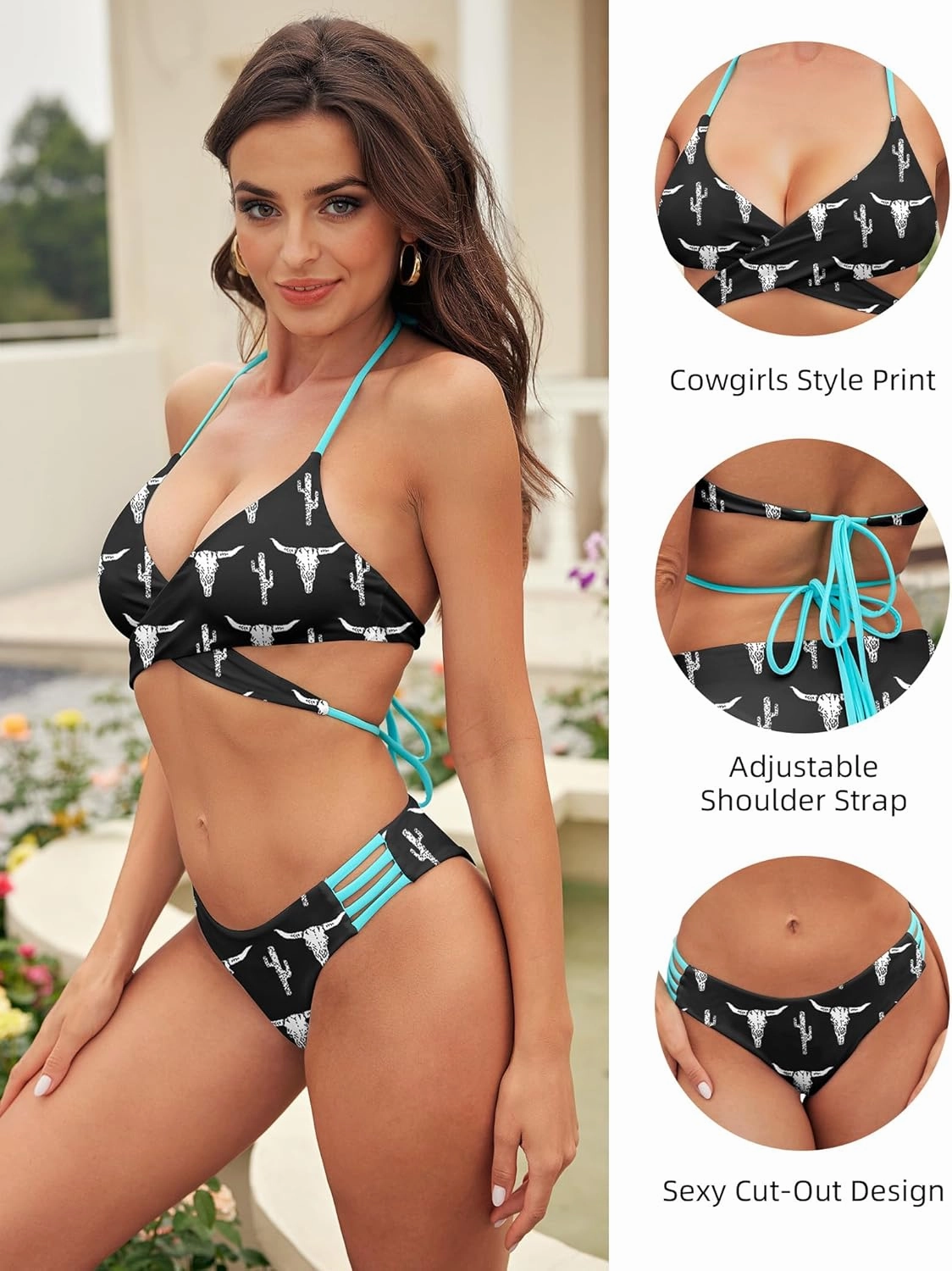 SHESHOW Bikini Sets for Women Cowgirl Style Two Piece Swimsuits Back Lace Up Mid Rise Sexy Bathing Suit Size XS-XL