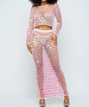 Shine Bright Fishnet Crochet Top And Skirt Set In Pink