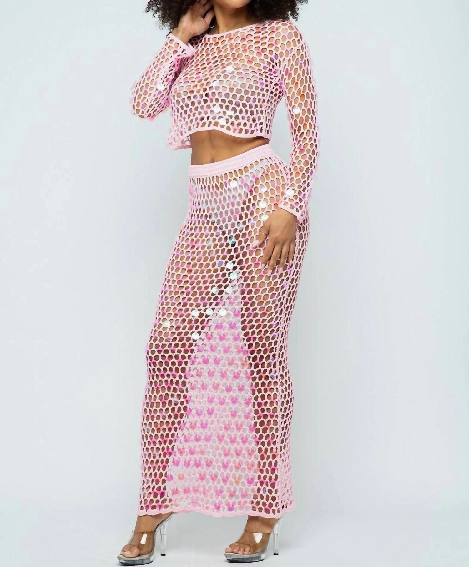Shine Bright Fishnet Crochet Top And Skirt Set In Pink