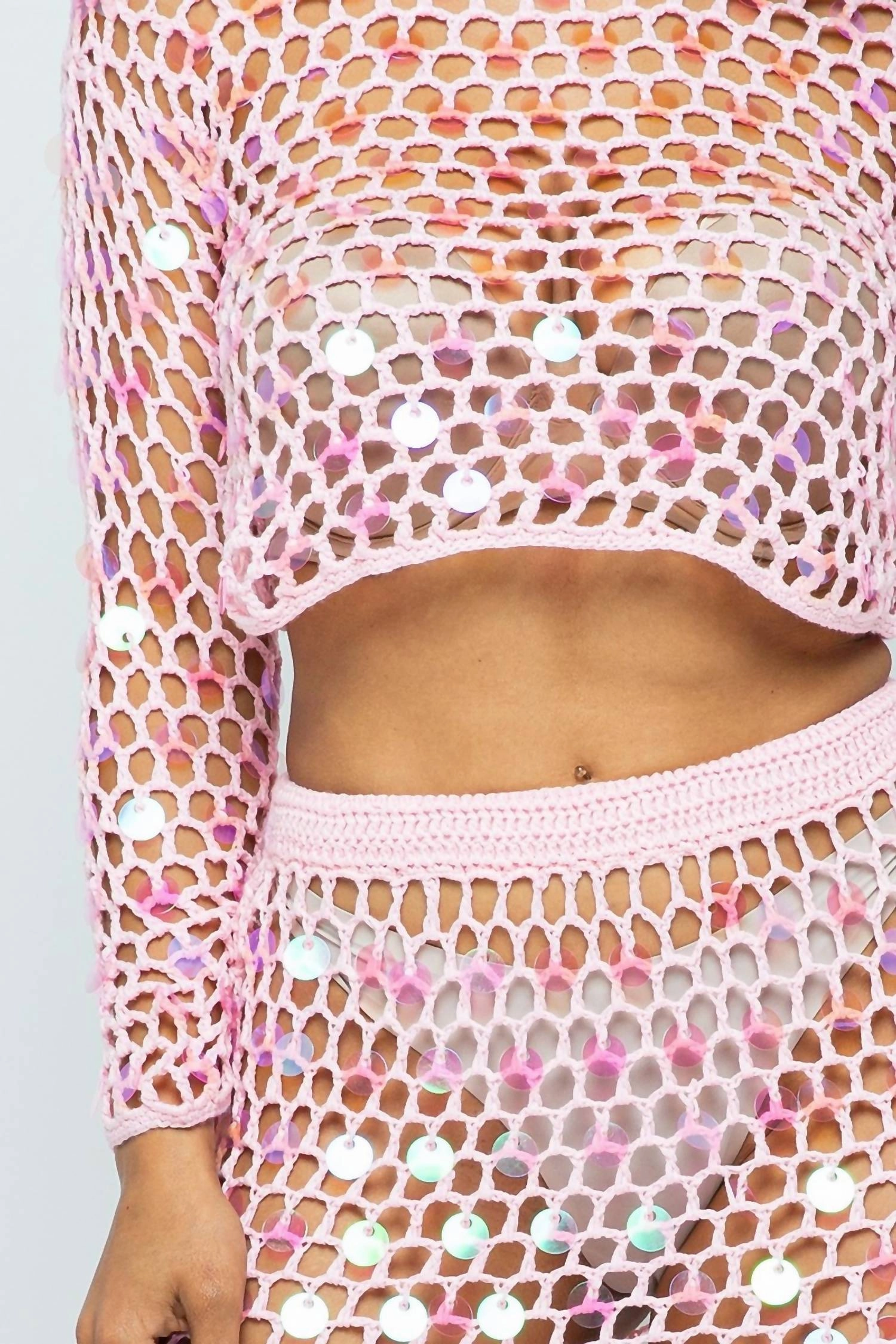 Shine Bright Fishnet Crochet Top And Skirt Set In Pink