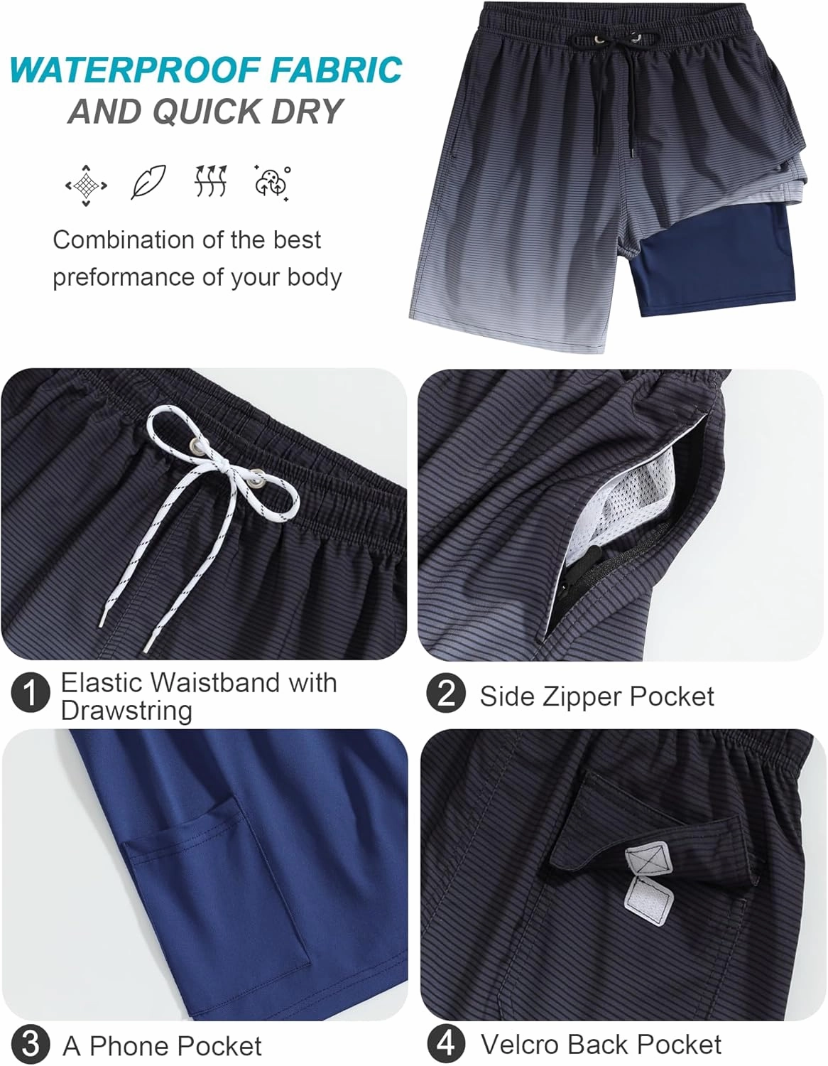 SILKWORLD Mens Swim Trunks Quick Dry Compression Liner 2 in 1 Shorts Men Swimsuit