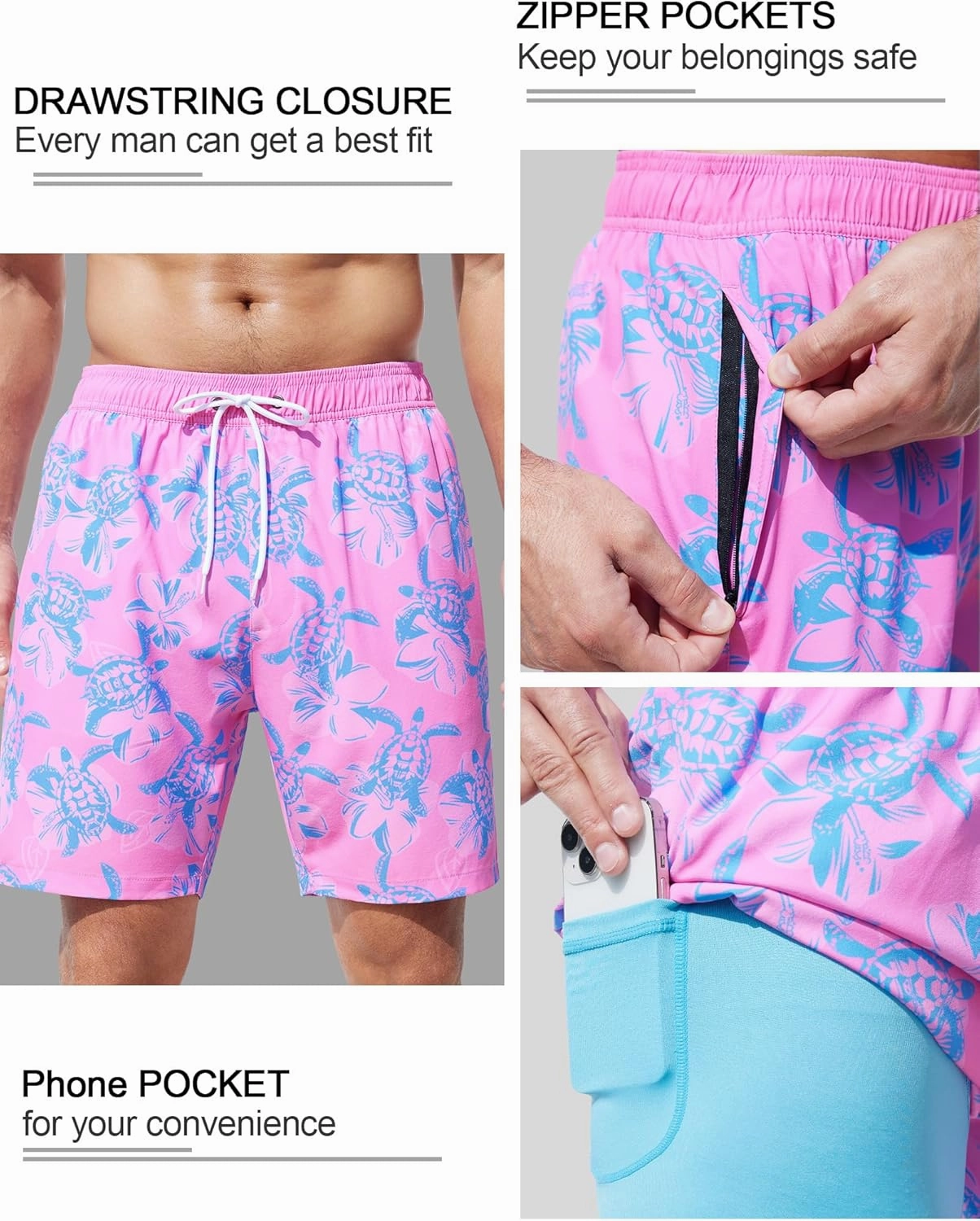 SILKWORLD Mens Swim Trunks Quick Dry Swimming Shorts with Compression Liner and Zipper Pockets