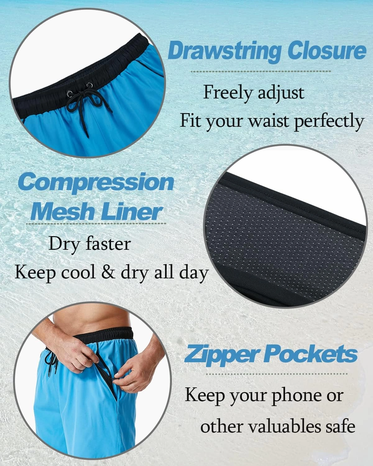 SILKWORLD Mens Swim Trunks with Compression Liner 2 in 1 Quick Dry Bathing Suit Beach Shorts with Zipper Pockets
