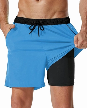 SILKWORLD Mens Swim Trunks with Compression Liner 2 in 1 Quick Dry Bathing Suit Beach Shorts with Zipper Pockets