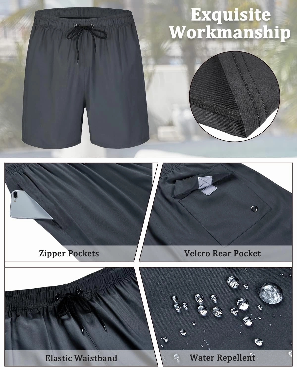 SILKWORLD Mens Swimming Trunks with Compression Liner 2 in 1 Quick-Dry Swim Shorts with Zipper Pockets