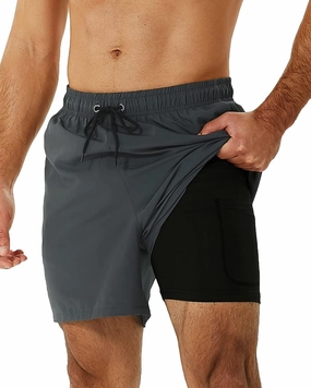 SILKWORLD Mens Swimming Trunks with Compression Liner 2 in 1 Quick-Dry Swim Shorts with Zipper Pockets