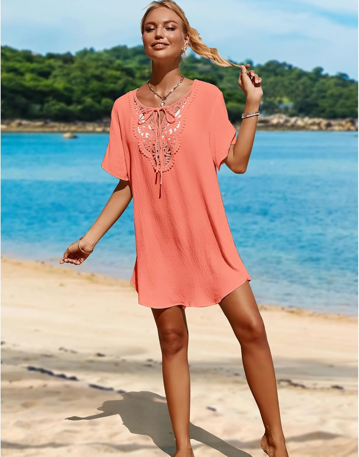 SimpleFun Womens Swimsuit Coverup Lace Crochet V Neck Bathing Suit Cover Up Dress Beach Cover Ups for Swimwear