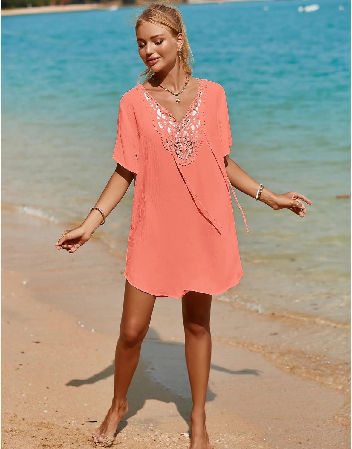 SimpleFun Womens Swimsuit Coverup Lace Crochet V Neck Bathing Suit Cover Up Dress Beach Cover Ups for Swimwear