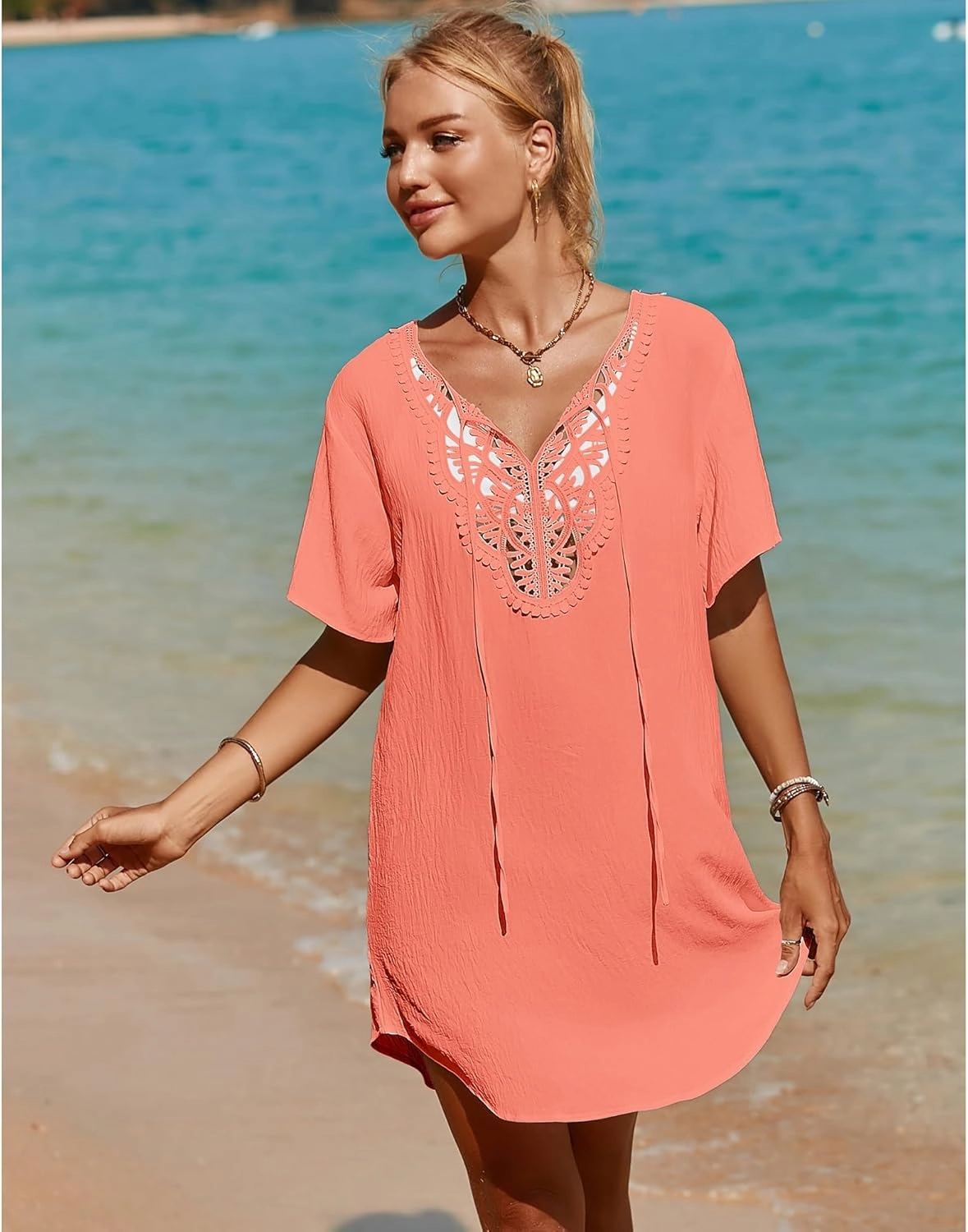 SimpleFun Womens Swimsuit Coverup Lace Crochet V Neck Bathing Suit Cover Up Dress Beach Cover Ups for Swimwear