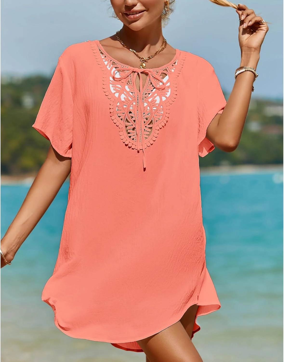 SimpleFun Womens Swimsuit Coverup Lace Crochet V Neck Bathing Suit Cover Up Dress Beach Cover Ups for Swimwear