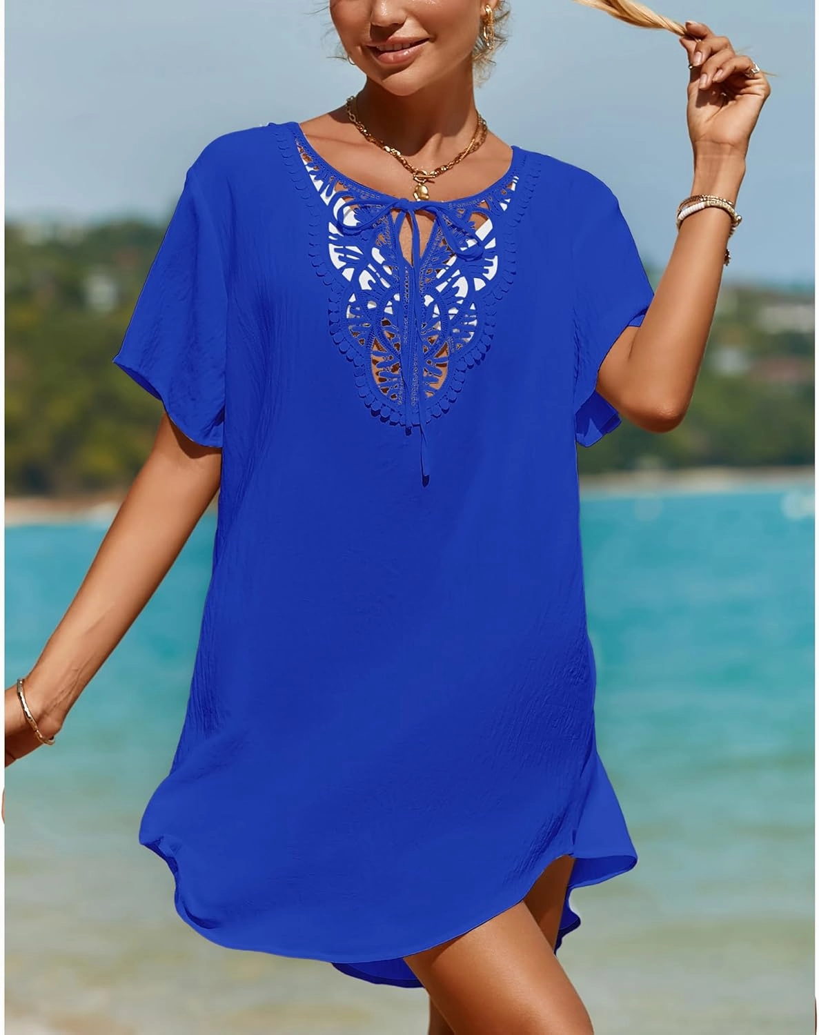 SimpleFun Womens Swimsuit Coverup Lace Crochet V Neck Bathing Suit Cover Up Dress Beach Cover Ups for Swimwear