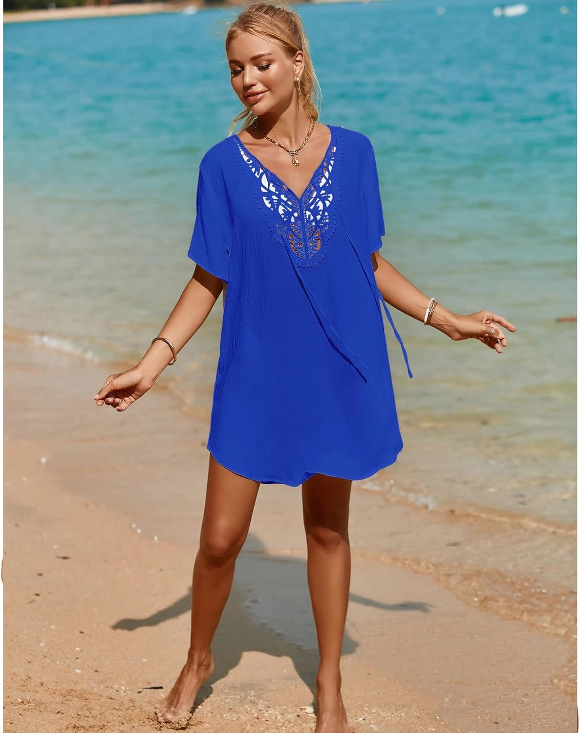 SimpleFun Womens Swimsuit Coverup Lace Crochet V Neck Bathing Suit Cover Up Dress Beach Cover Ups for Swimwear