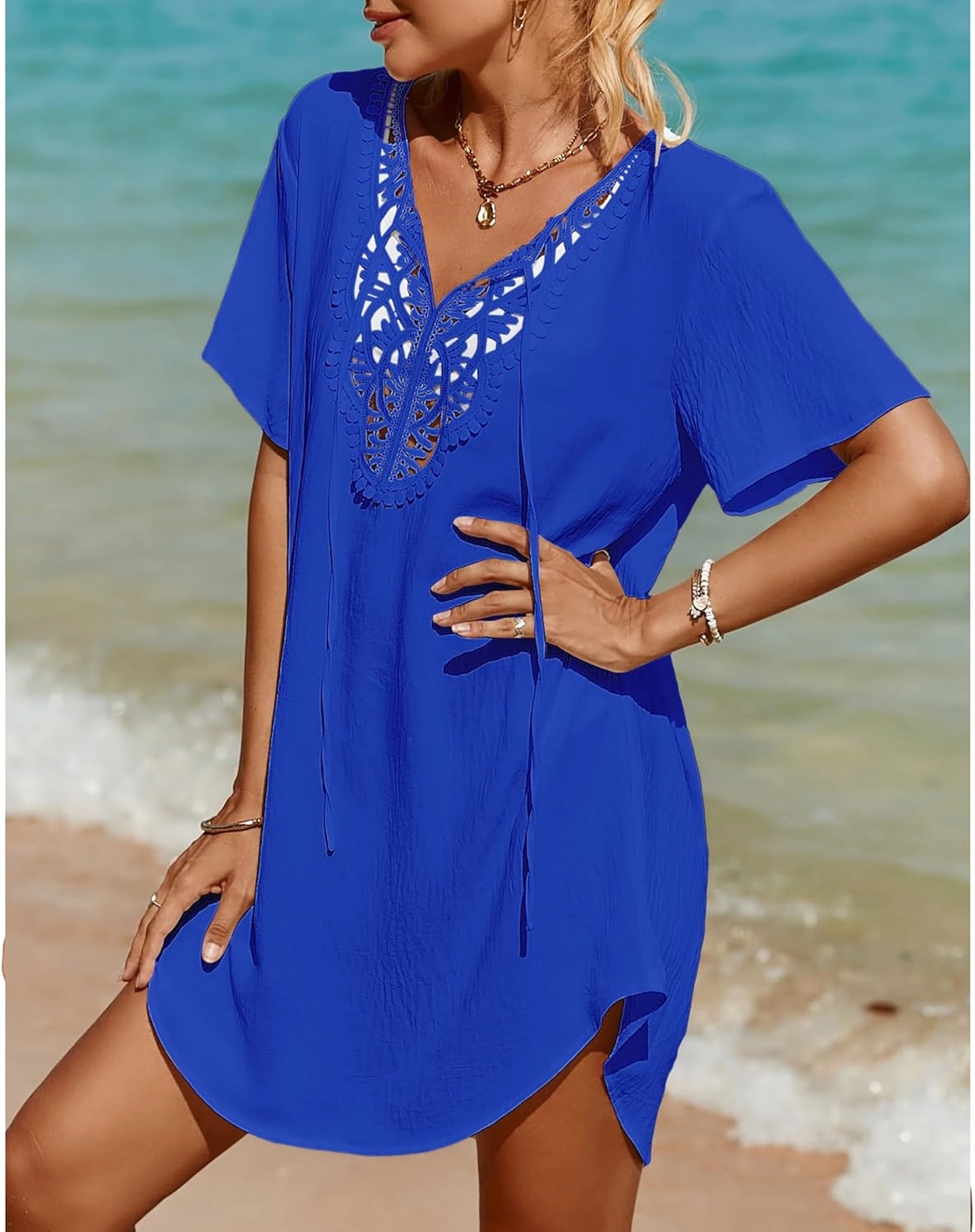 SimpleFun Womens Swimsuit Coverup Lace Crochet V Neck Bathing Suit Cover Up Dress Beach Cover Ups for Swimwear