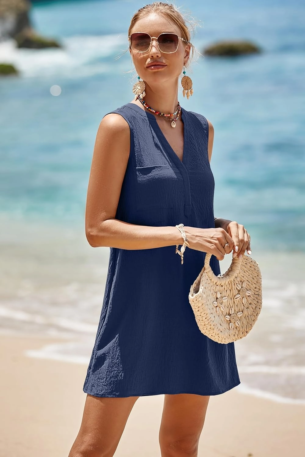 SimpleFun Womens Swimsuit Coverup V-Neck Bathing Suit Cover Up Swimwear Sleeveless Beach Cover Ups Dress With Front Pockets