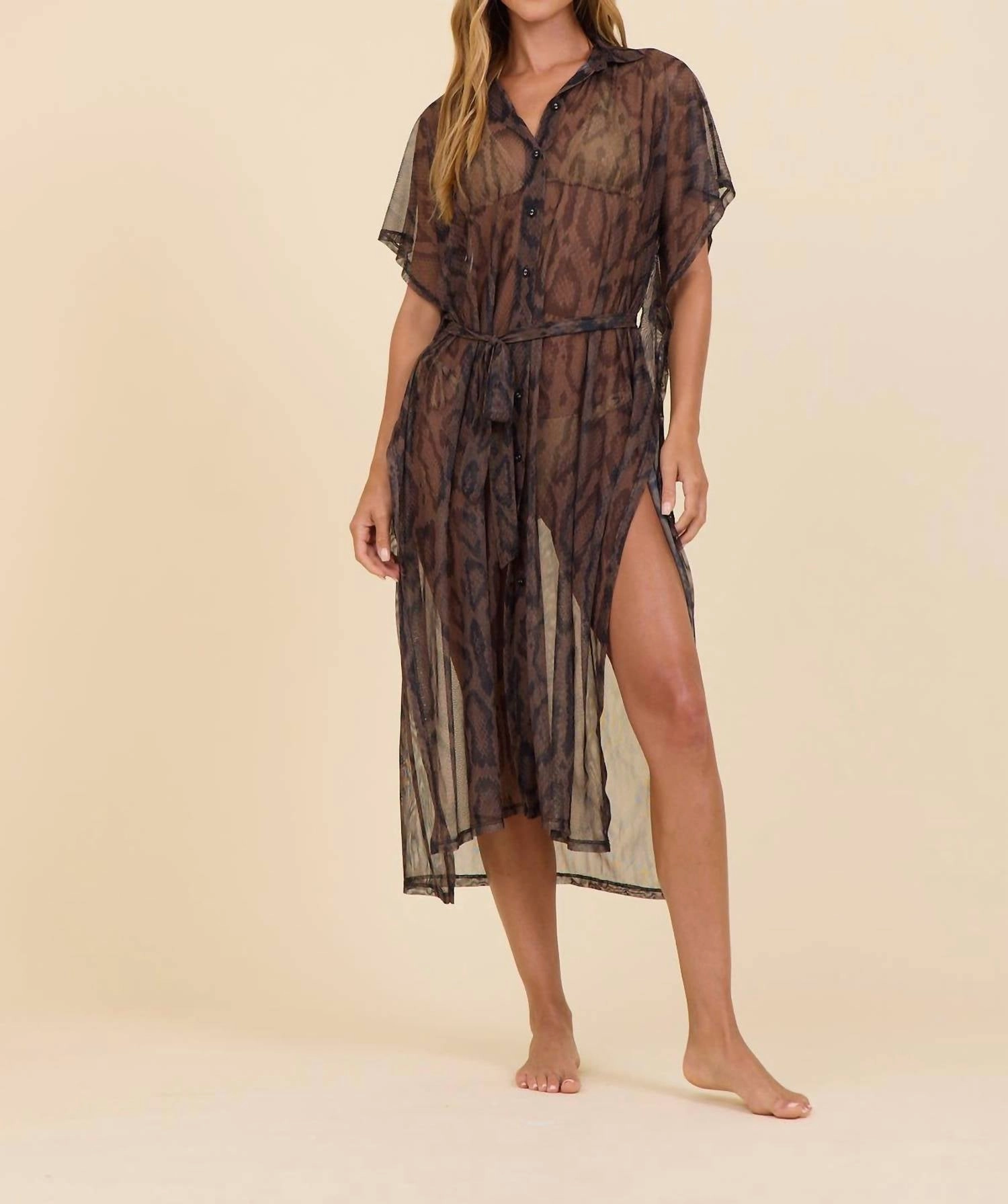 Snakeskin Mesh Coverup In Brown