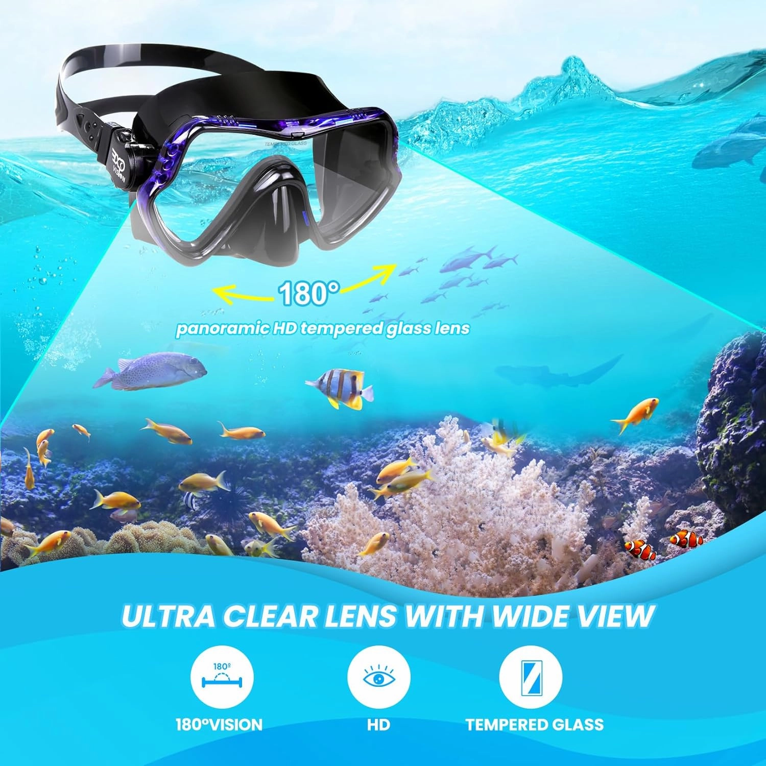 Snorkel Diving Mask, Professional Snorkeling Mask Gear, Ultra Clear Lens with Wide View Tempered Glass Goggles,Anti Leakage Scuba Mask, Silicone Swimming Goggles Mask for Adults, 3 Color