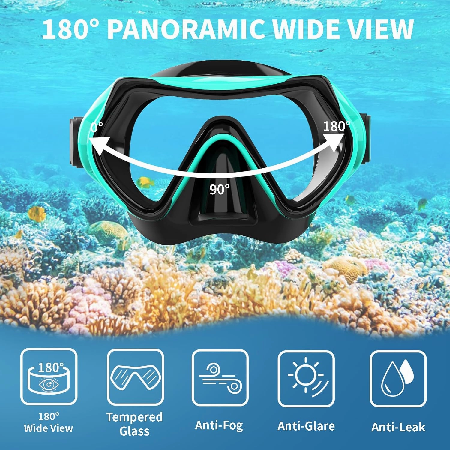 Snorkeling Gear for Adults, JRing Snorkel Mask Set with 180 Degree Tempered Glass Anti Fog Goggles Scuba Dry Top Snorkel for Swimming, Scuba Diving Mask for Men Women