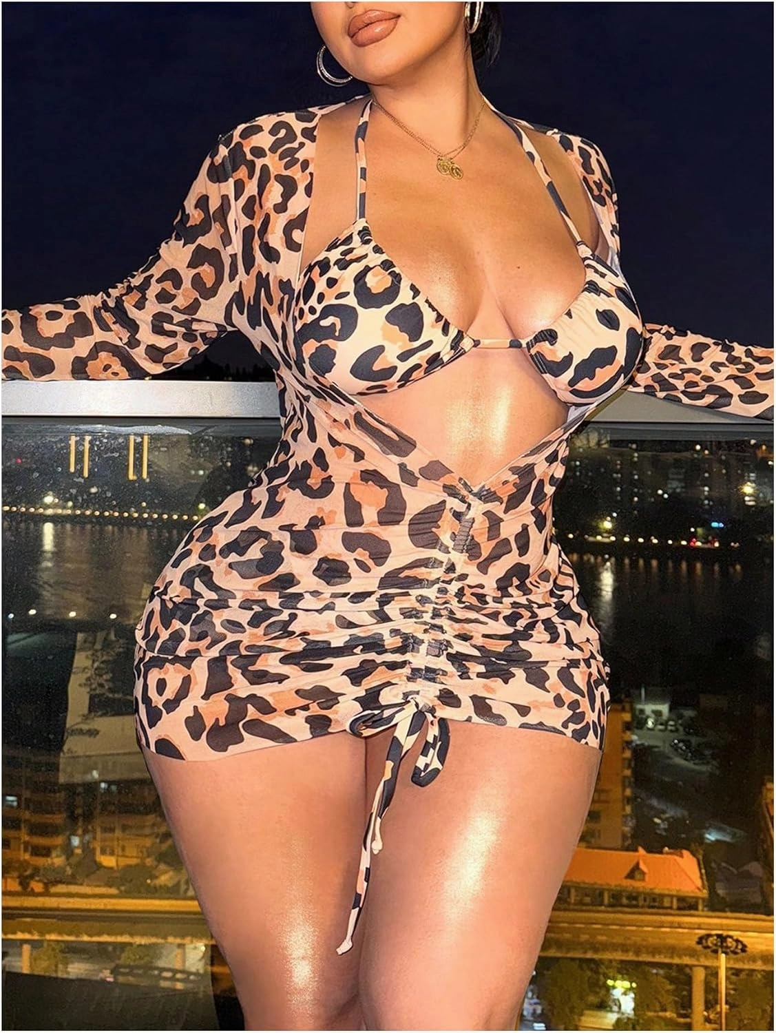 SOLY HUX Plus Size Swimsuit for Women 3 Piece Leopard Print Halter Triangle Bikini Set Bathing Suit with Cover Up Dress