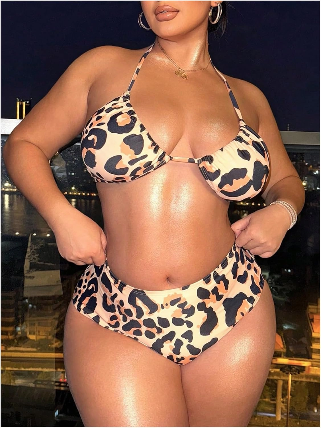 SOLY HUX Plus Size Swimsuit for Women 3 Piece Leopard Print Halter Triangle Bikini Set Bathing Suit with Cover Up Dress