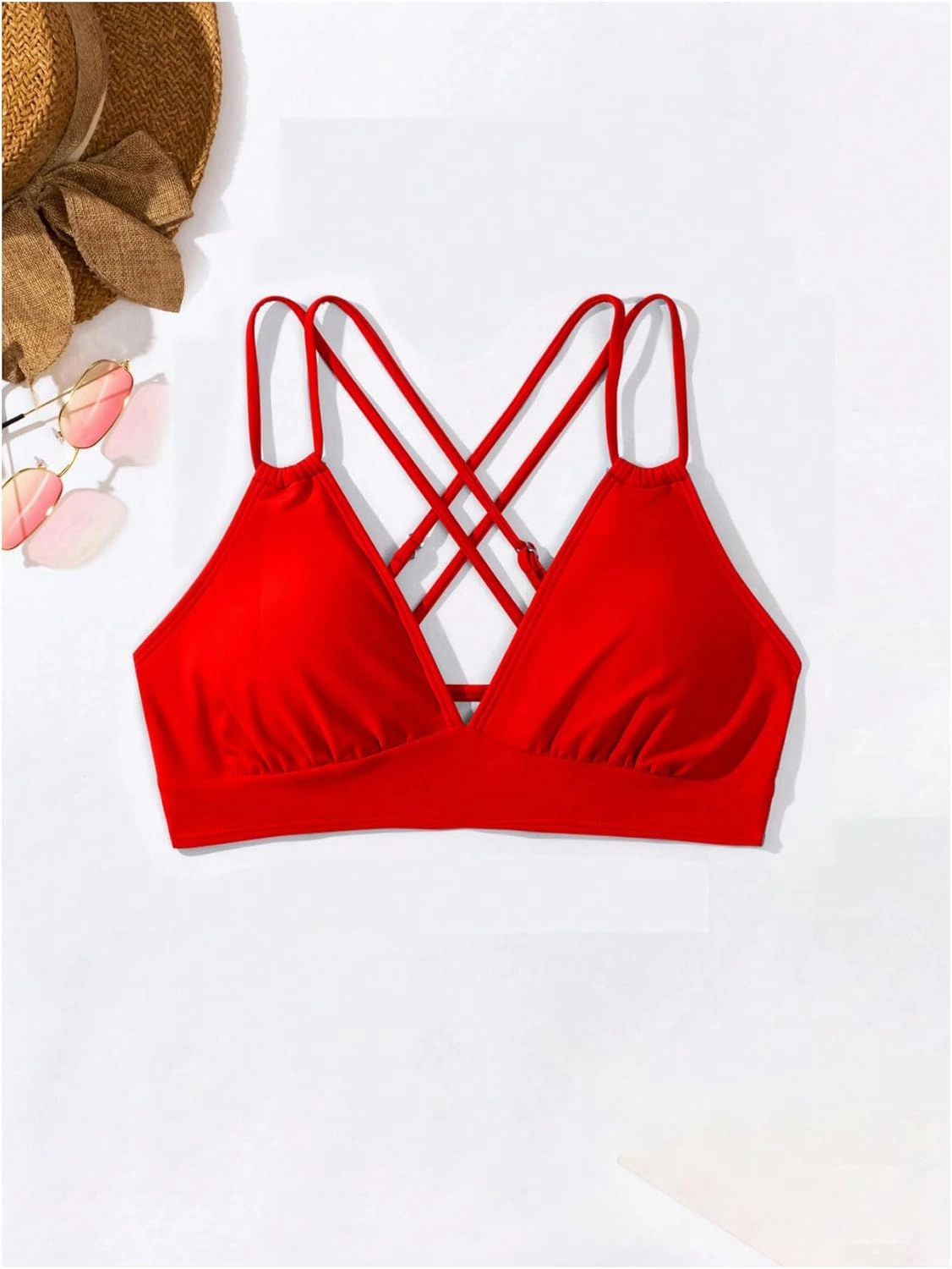 SOLY HUX Women's Bikini Tops V Neck Criss Cross Back Spaghetti Strap Padded Bathing Suit Swim Top Only