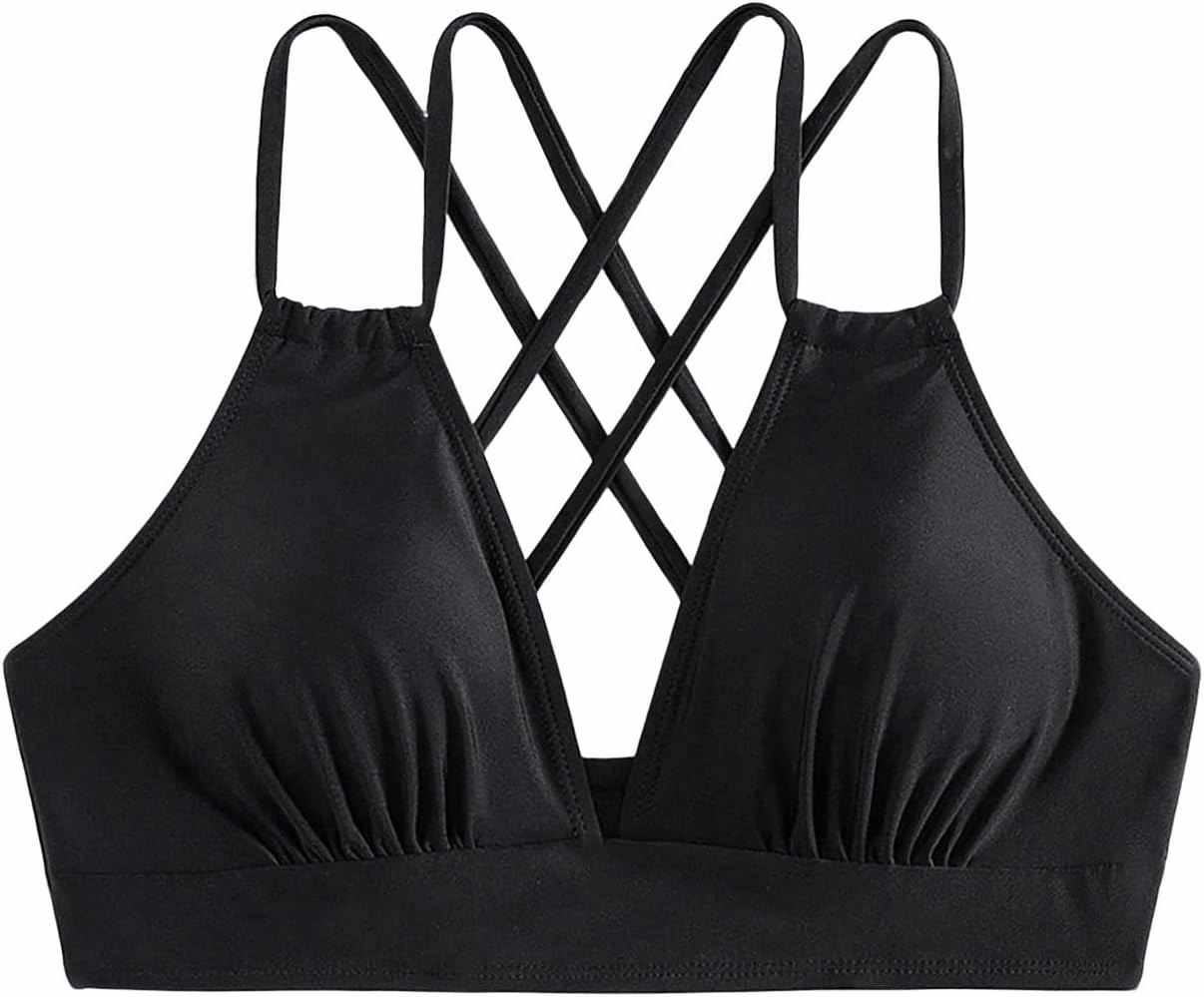SOLY HUX Women's Bikini Tops V Neck Criss Cross Back Spaghetti Strap Padded Bathing Suit Swim Top Only