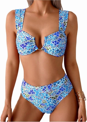 SOLY HUX Women's Floral Print Swimsuit V Wire High Waisted Bikini Set Two Piece Bathing Suit