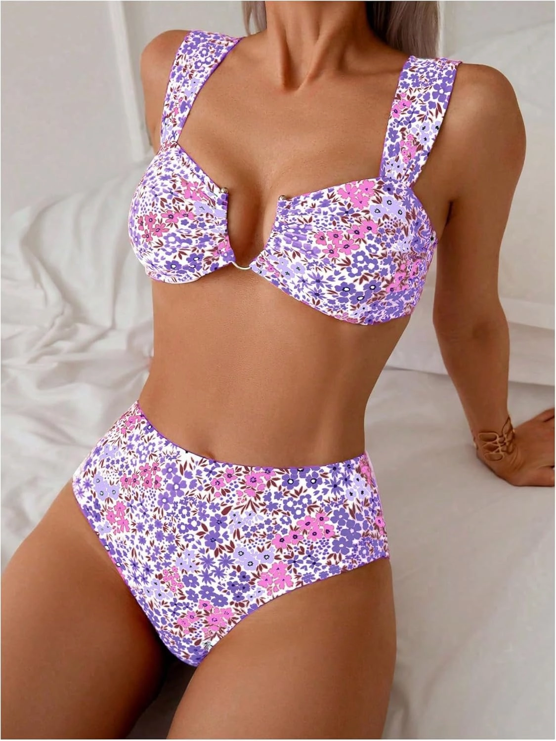 SOLY HUX Women's Floral Print Swimsuit V Wire High Waisted Bikini Set Two Piece Bathing Suit