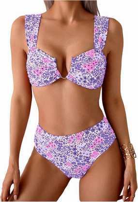 SOLY HUX Women's Floral Print Swimsuit V Wire High Waisted Bikini Set Two Piece Bathing Suit