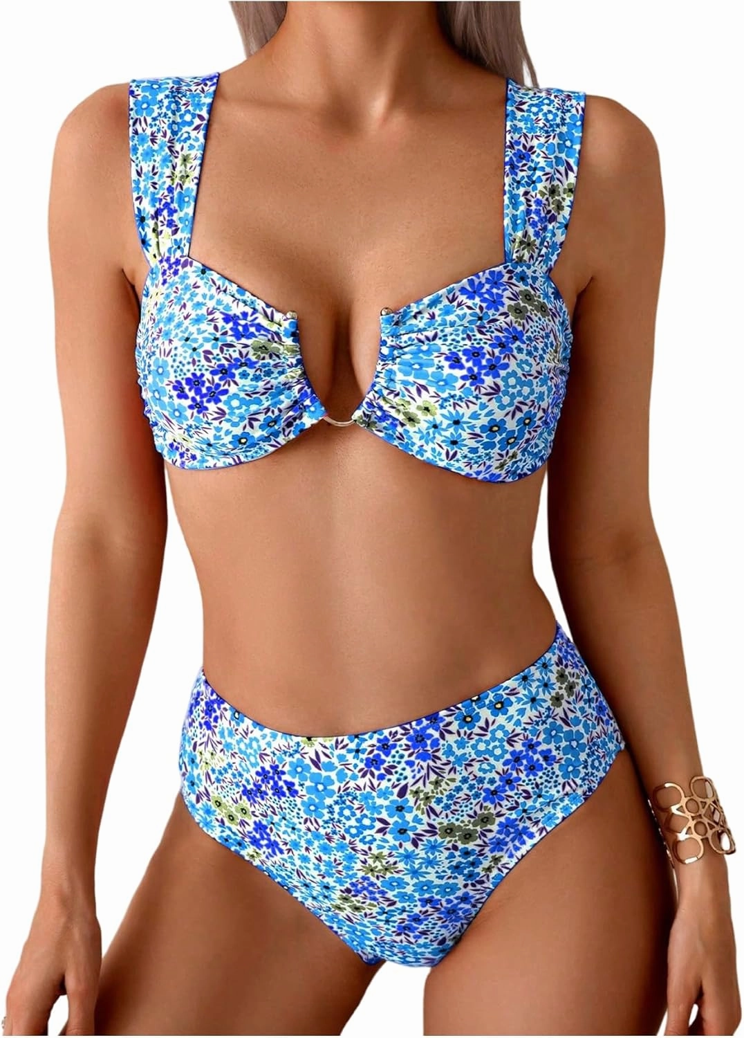 SOLY HUX Women's Floral Print Swimsuit V Wire High Waisted Bikini Set Two Piece Bathing Suit