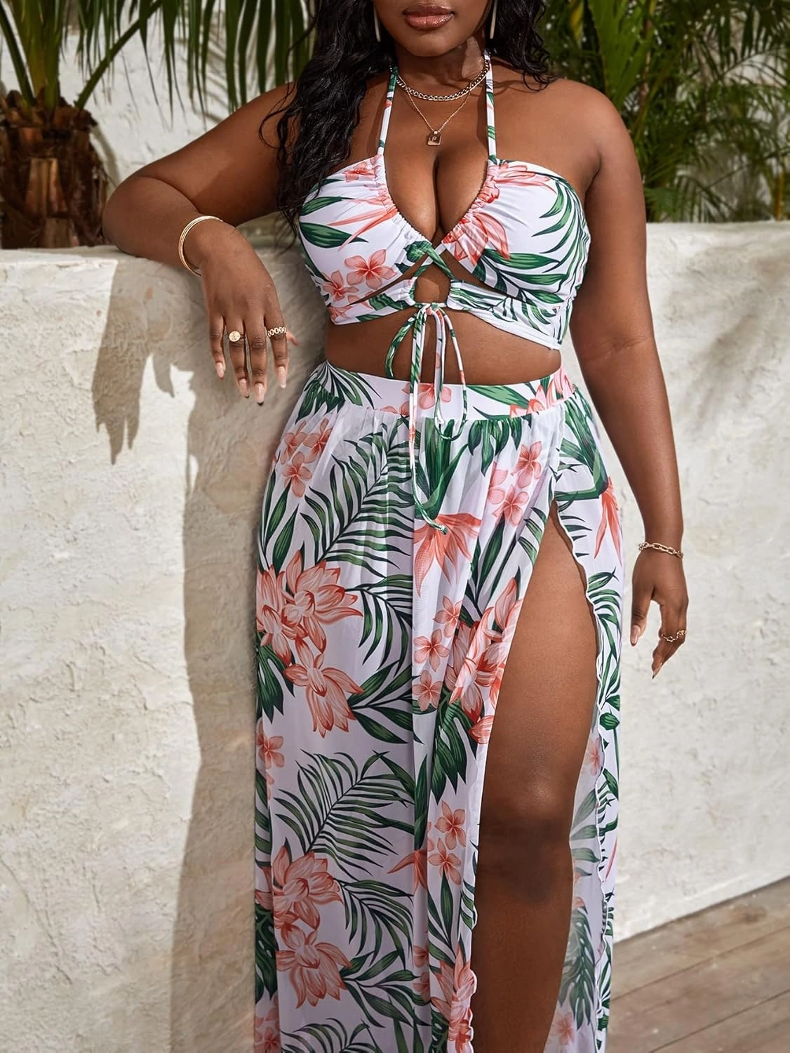 SOLY HUX Women's Plus Size 3 Piece Swimsuits Floral Print Halter Bikini Sets Bathing Suit with Beach Skirt