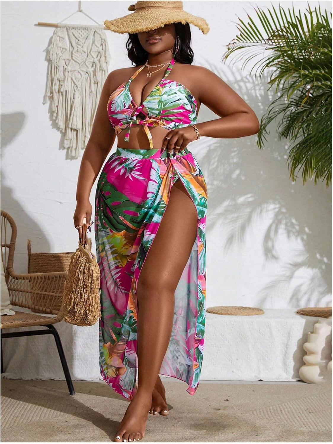 SOLY HUX Women's Plus Size 3 Piece Swimsuits Floral Print Halter Bikini Sets Bathing Suit with Beach Skirt