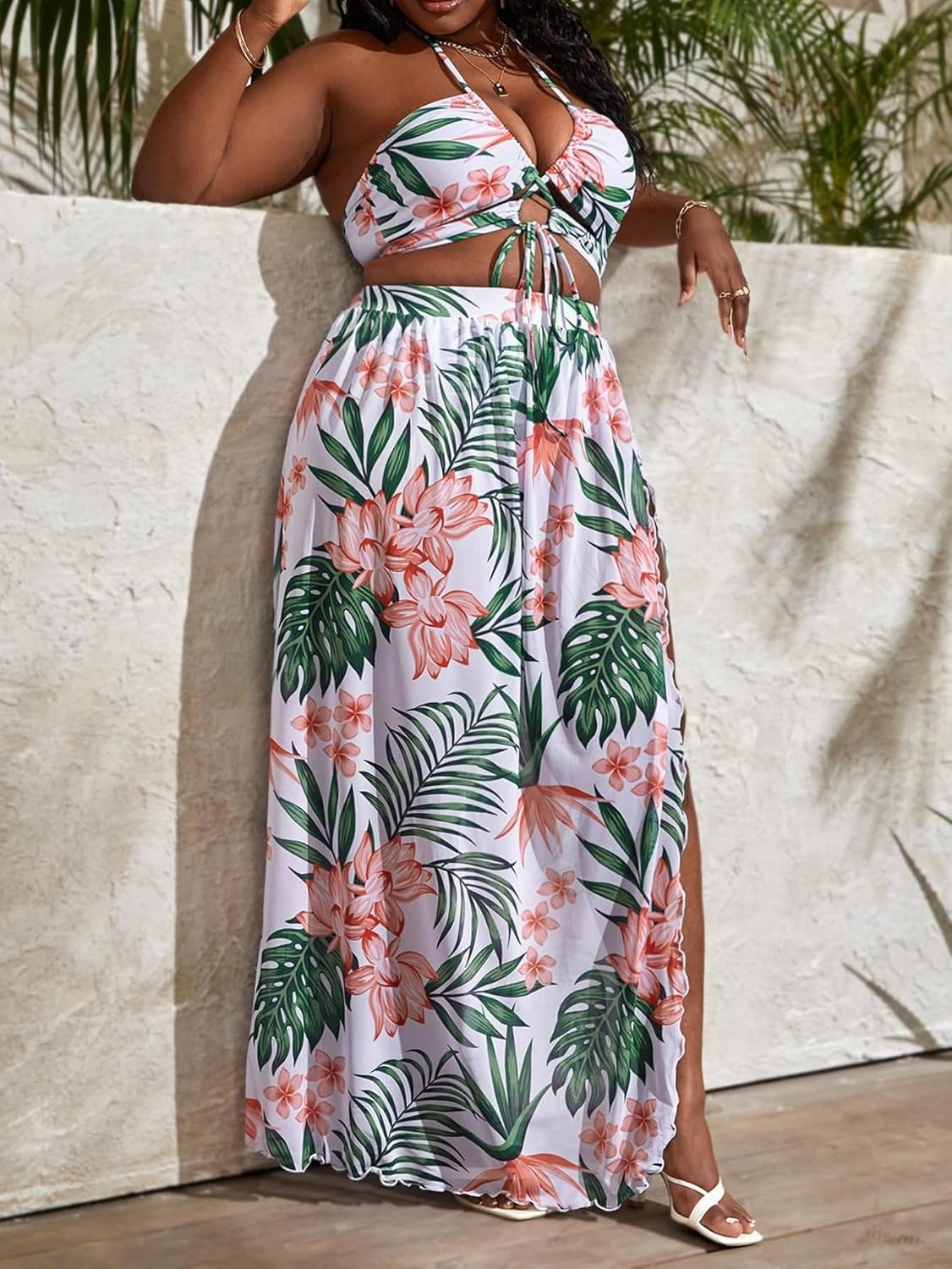 SOLY HUX Women's Plus Size 3 Piece Swimsuits Floral Print Halter Bikini Sets Bathing Suit with Beach Skirt