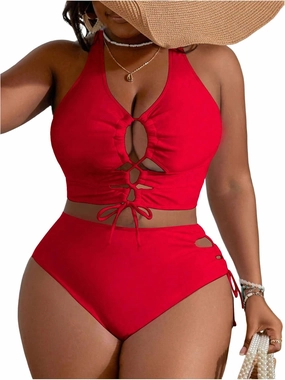 SOLY HUX Women's Plus Size Bikini Set Sexy Swimsuit Lace Up Tummy Control 2 Piece Bathing Suit