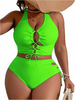 SOLY HUX Women's Plus Size Bikini Set Sexy Swimsuit Lace Up Tummy Control 2 Piece Bathing Suit