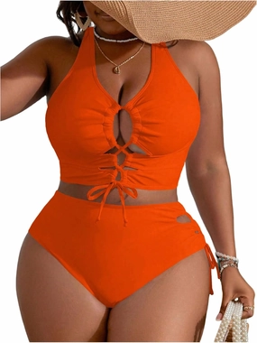 SOLY HUX Women's Plus Size Bikini Set Sexy Swimsuit Lace Up Tummy Control 2 Piece Bathing Suit